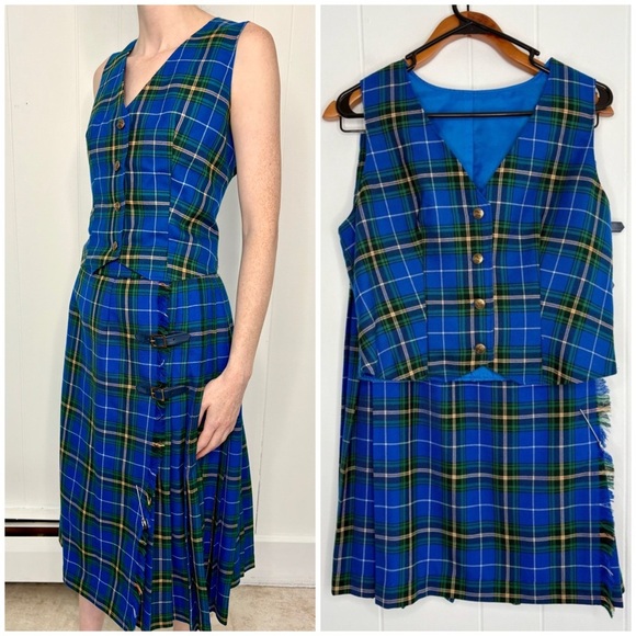 Vintage Dresses & Skirts - VINTAGE 70’s Skirt Suit Matching Set Wool Blue Tartan Plaid Buttons Kilt Costume